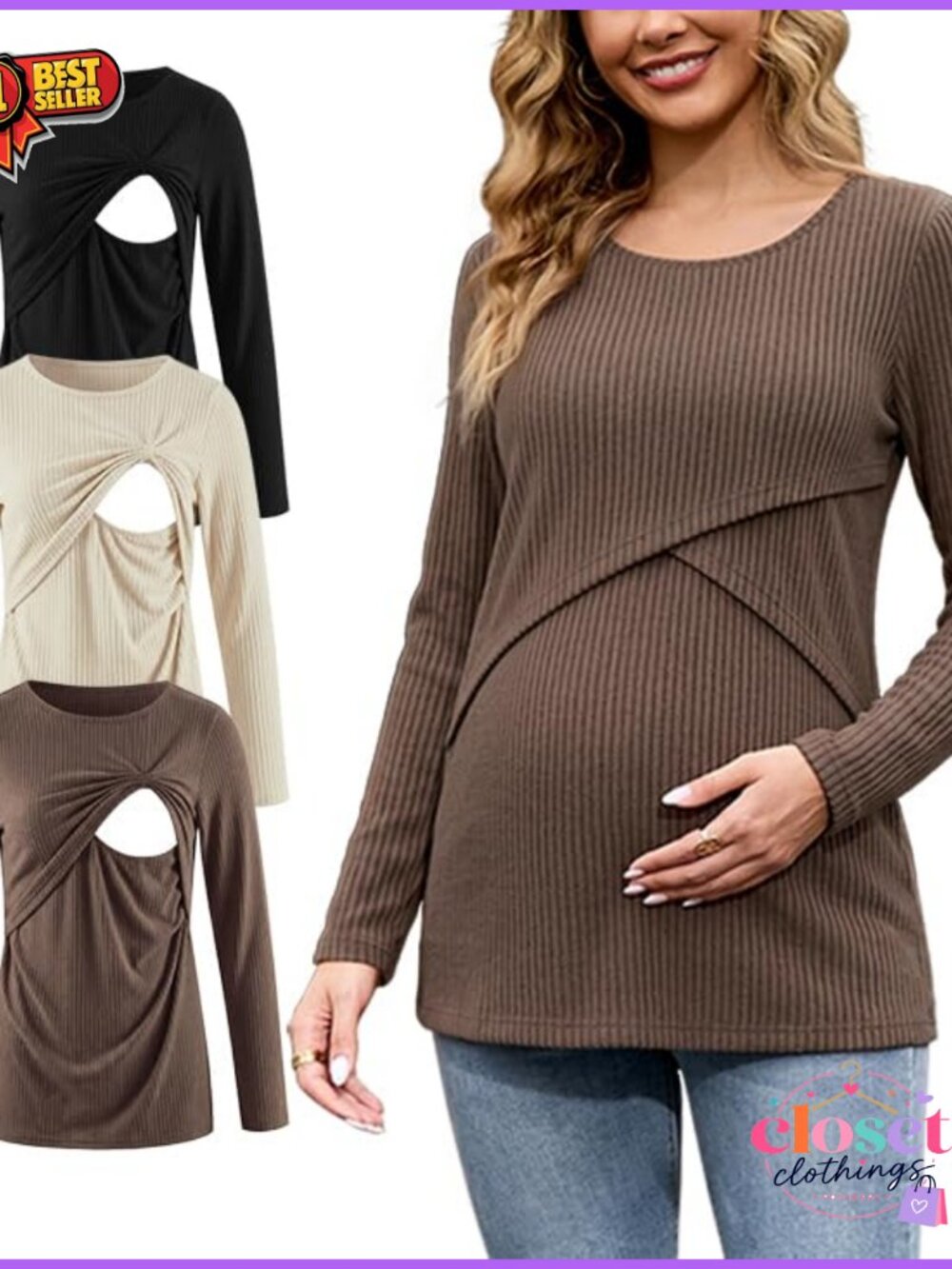 Maternity Nursing Tops 3 Pack Ribbed Long Sleeve Lift Up Tees